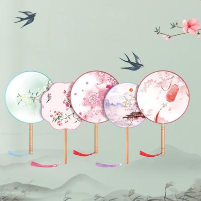 Chinese Style Round Hand Fan Ink Painting Ancient Dance Silk Fan Long Handle with Tassel Embroidery Fan for Wedding