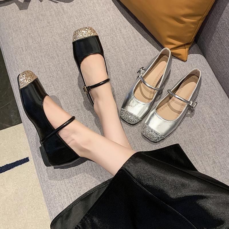 Evening wind sequined splicing square head shallow mouth single shoes women's 2024 summer and autumn new soft sole one word Mary Jane small