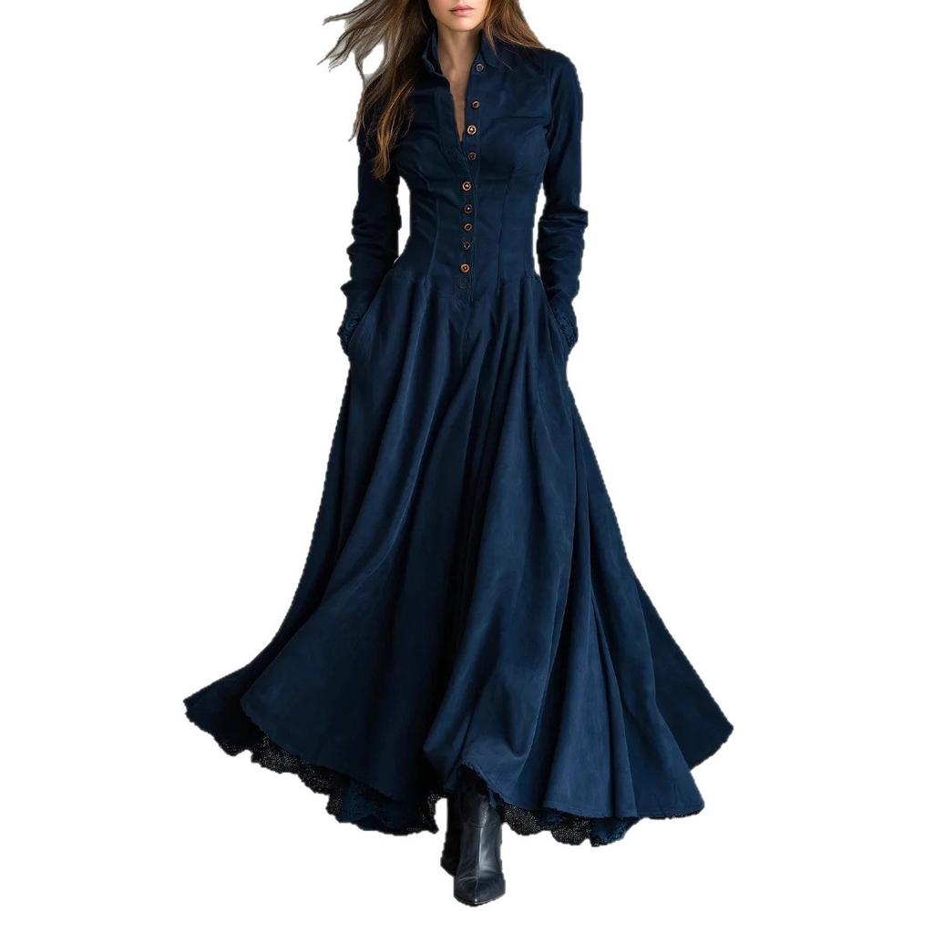 Europe, America 2026 independent station French retro temperament imitation suede lace edge splicing shirt long dress dress