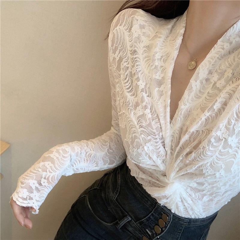 Vår/sommer blonde bunnskjorte dame V-hals mote skjorte Langermet mesh fôr utskjæring Sexy topp