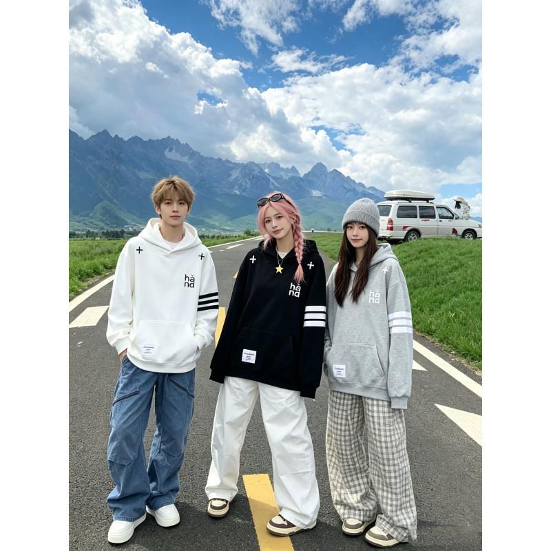 Vintage Striped Embroidered Letter Hoodie Loose Fit Streetwear Couples Top