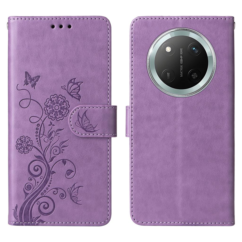 Skórzane etui na telefon dla Honor Magic7 Lite 5G/X9c 5G/X60 Pro 5G z nadrukiem motyla i kwiatów, portfel, etui ze stojakiem