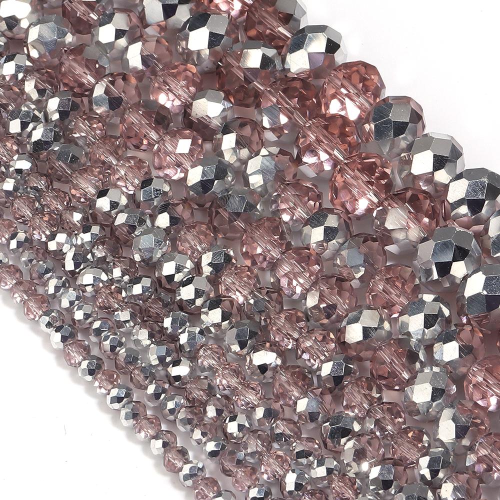 1 Strand 3/4/6/8/10mm Faceted Crystal Beads Pink Rhodium Rondelle Glass Loose Beads For Jewelry Making DIY Bracelets Necklace