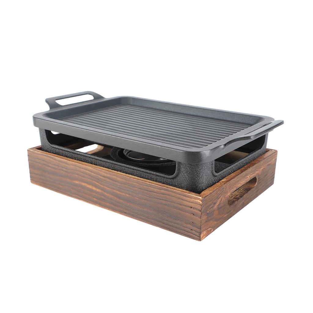 Tabletop Barbecue, Non-Stick Wooden Base Portable Alcohol Stove Compact Barbecue, Outdoor Griddle | Camping Plate for Restaurant Home Camping