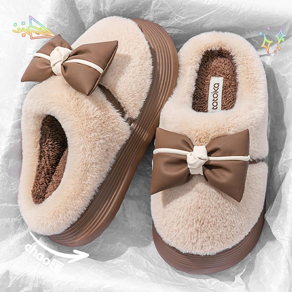 Bow cotton slippers autumn and winter outer wear fleece warm indoor home non-slip fluff mop cotton mop