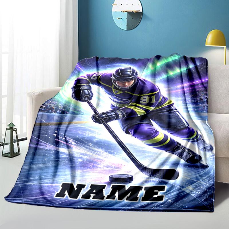 1PC Custom Name Ice Hockey Player Action outdooor Flannel blankets Throw Blanket All-Season Throw Gift Bedspread for Couch, Bed, Camping Holiday Birth
