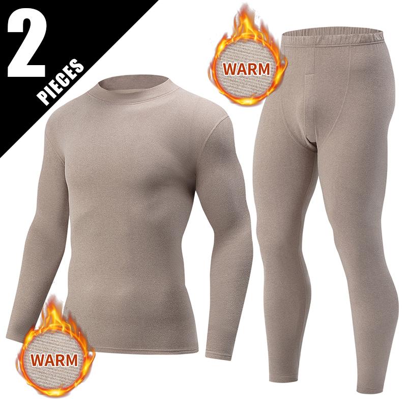 2-piece Autumn And Winter Men's Mid Neck Warm Long Sleeved Pants Set Casual Plus Size Solid Color Versatile Sports Base Shirt