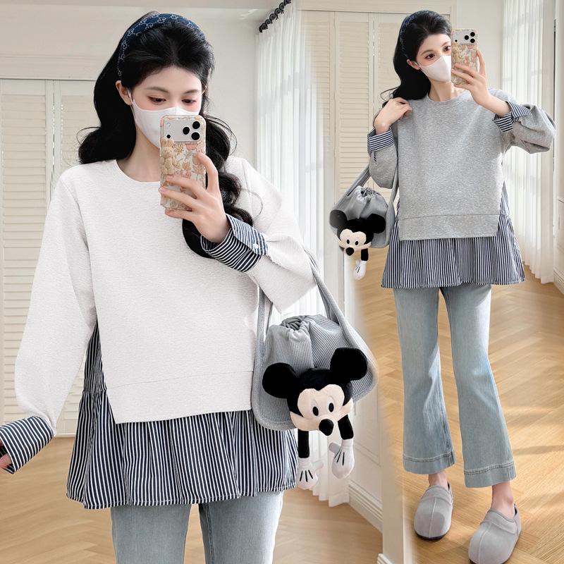 2026 Spring Maternity Patchwork Doll Shirt: Fashionable, Loose-Fit, Belly-Covering Two-Piece Top XL