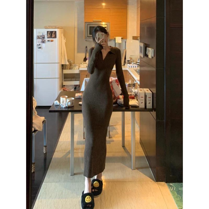 

Винтажное вязаное платье-свитер с длинным рукавом и V-образным вырезом на подкладке, женская осенне-зимняя длинная юбка XL