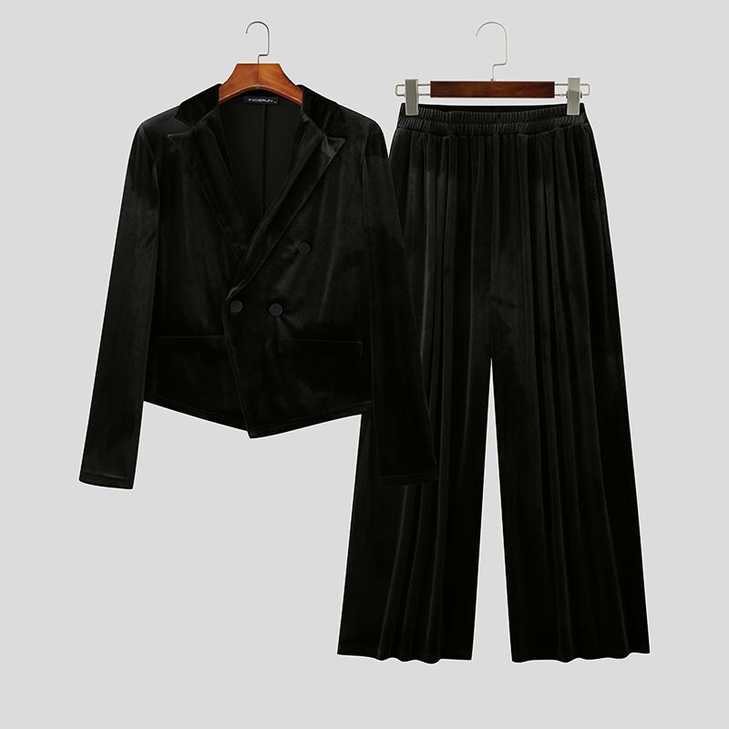 

INCERUN Зима Осень Мужской Пиджак из Бархата с Заостренными Лацканами и Длинными Рукавами, Длинные Брюки, Повседневные Наряды, Комплекты из Двух Предметов 4XL чёрный