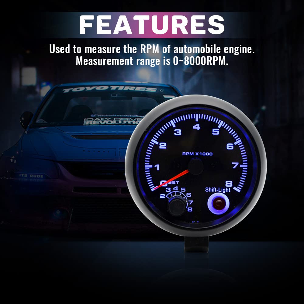 Tachometer Gauge,3.75   Car Universal Black Tachometer Gauge Blue Inter Shift Light 0-8000 RPM