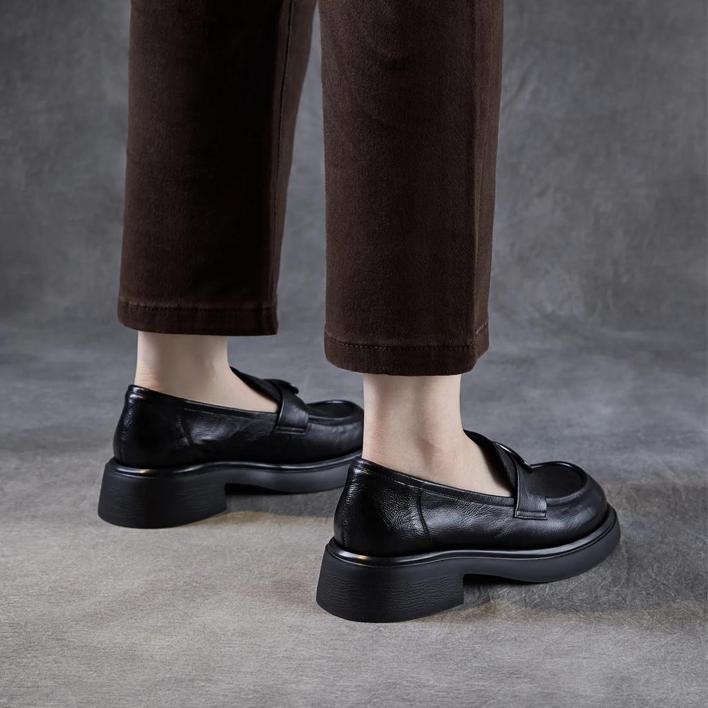 Johnature Genuine Leather Women's Shoes Soft Soled Loafers British Style Thick Soled Slip-on Shoes