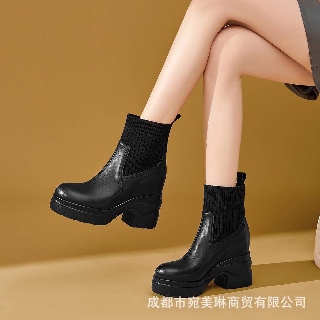 Leather Thick-soled Inner Height-increasing Short Boots Women's 2025 New Wool Tube Thick Heel Waterproof Table Muffin Bottom Elastic Martin Boots