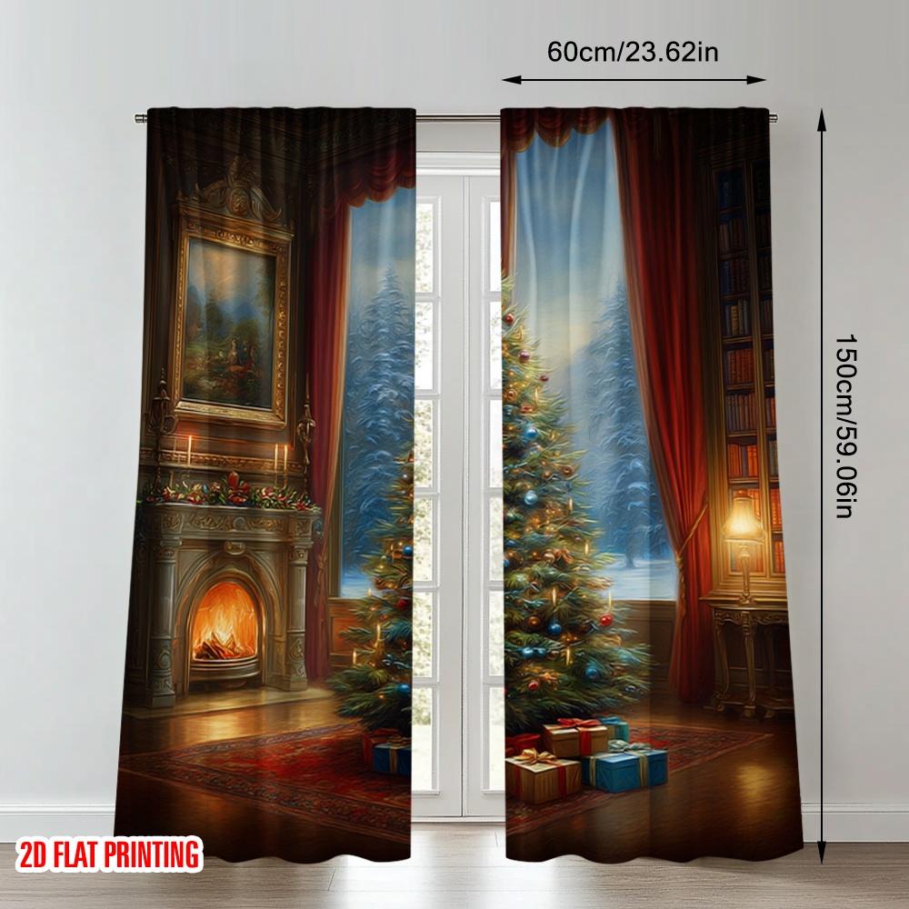 2 Stück 2D-Flachdruck Klassische Weihnachtsvorhänge Gemütlicher Weihnachtsbaum Kamin Digital Bedruckte Polyester-Vorhänge Familienfeier