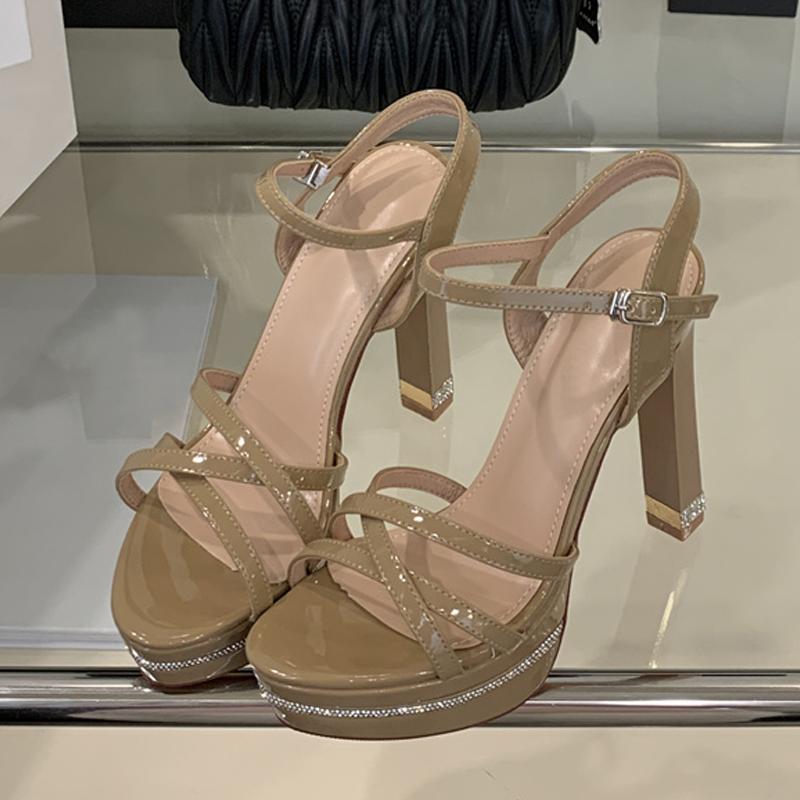 Fashion Liyke New Design Crystal Square High Heel Fetish Sandal Rhinestone Platform Open Toe Buckle Strap Party Dress Shoe Women Apricot
