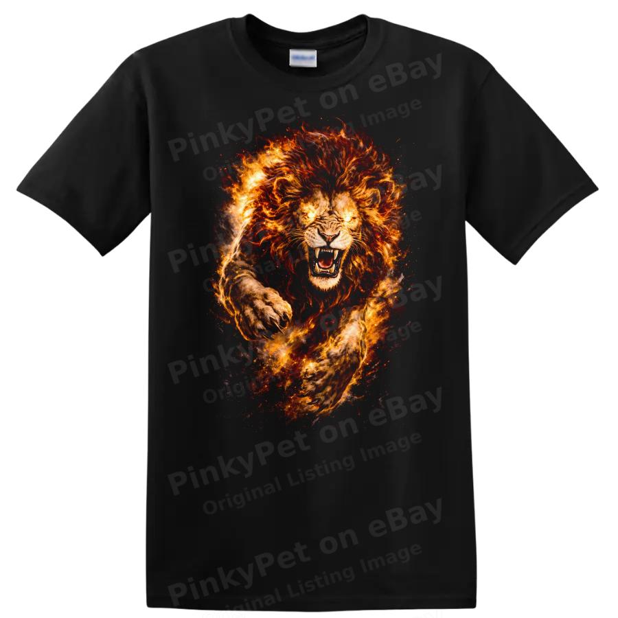 Fierce Lion Fire Graphic T Shirt Wild Animal Artwork Rage Tee