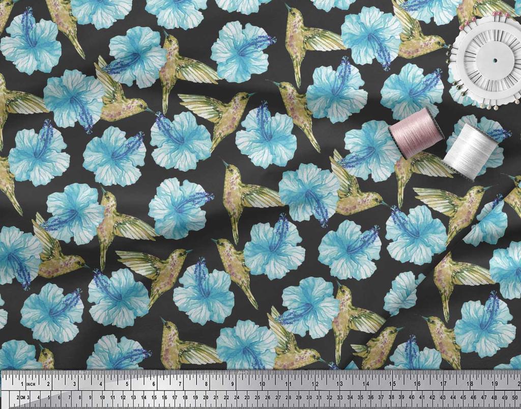 Soimoi Černá poly krepová látka s potiskem kolibříků a květin, látka na metr, 42 palců