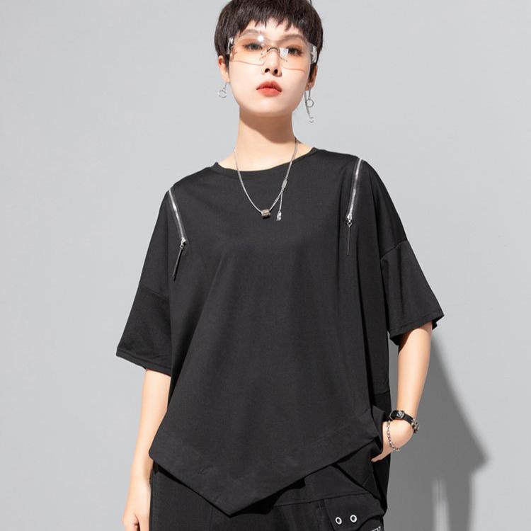 

DIMANAF 2024 Женская футболка женская однотонная с круглым вырезом на молнии из хлопка свободные топы и футболки с коротким рукавом One Size чёрный