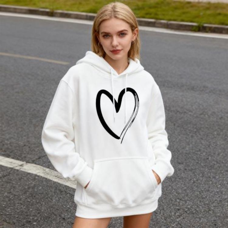 Oversized Fleece Lined Sweatshirt Women Long Sleeve Hoodies Fall Pullover Top with Pocket Heart Print Drawstring