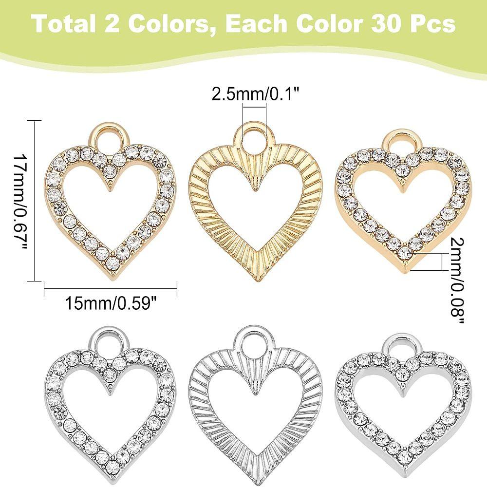 60Pcs 2 Colors Alloy Charms with Rhinestone Cadmium Free & Lead Free Heart Platinum & Light Gold 17x15x2mm Hole: 2.5mm 30pcs/color