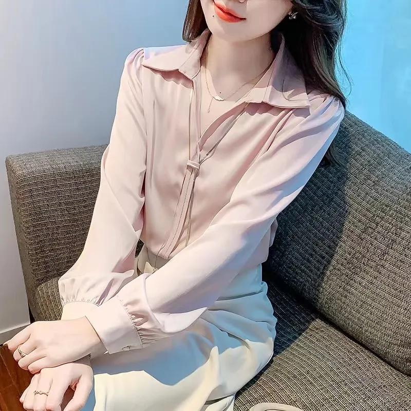 Women s Lapel Ribbon Tie Lantern Sleeve Chiffon Blouse S розовый