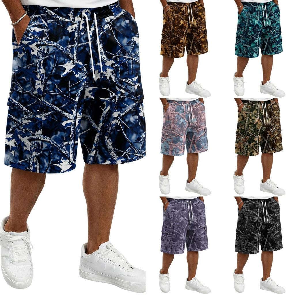 Men's Tree Camouflage Drawstring Shorts, Casual Relaxed Loose Fit Short Pants for Summer, Outdoor, Daily Activities