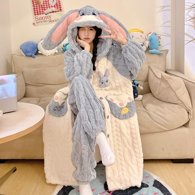 Autumn and Winter New Cute Hooded Nightgown Little Beaver Coral Fleece Pajamas Women's Winter Women's Pajamas Set