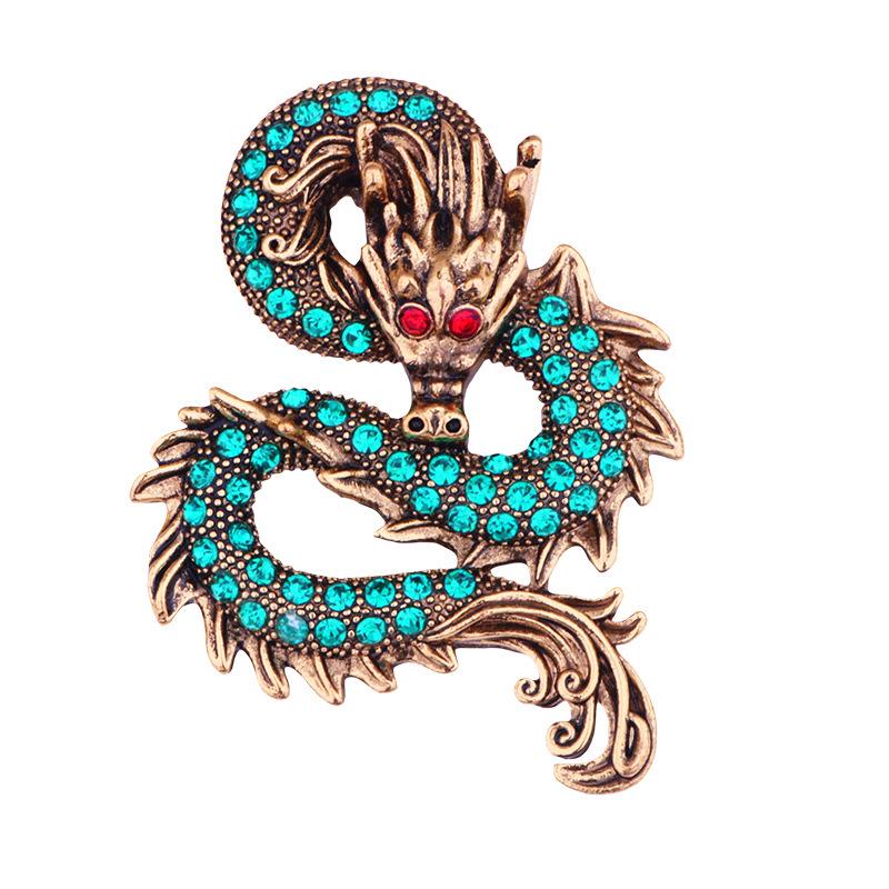 Men's Classic Retro Dragon Brooch with Zodiac Flower and Full Rhinestones