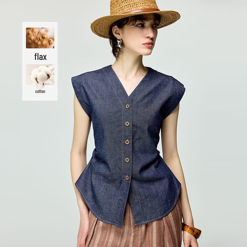 Wudao Women s Old Money Style V-Neck Denim Vest L