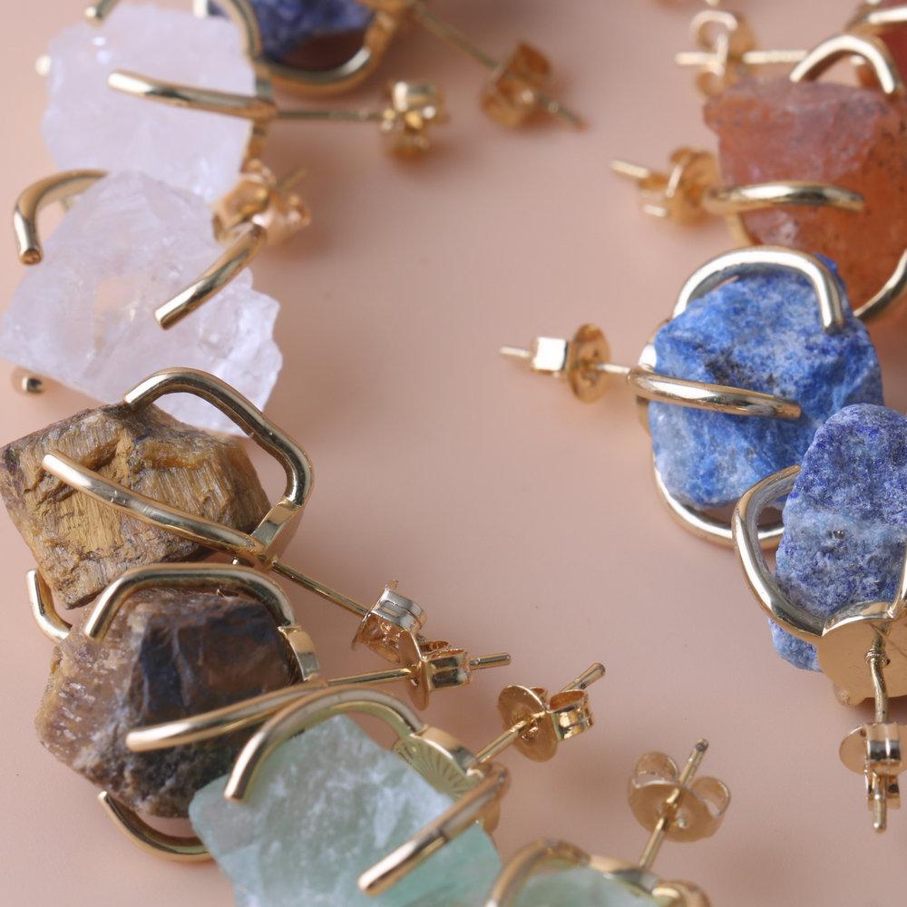 Natural Gemstone Earrings for Women - 18K Gold Plated Raw Amethyst and Rose Quartz Healing Crystal Stud Earrings