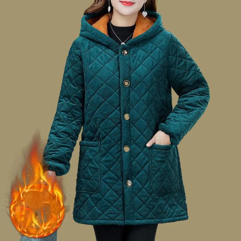 Mittellange Baumwolljacke für Damen, Herbst- und Wintermode, plus Daunen, warm, große Yards, dumme einfarbige Jacke