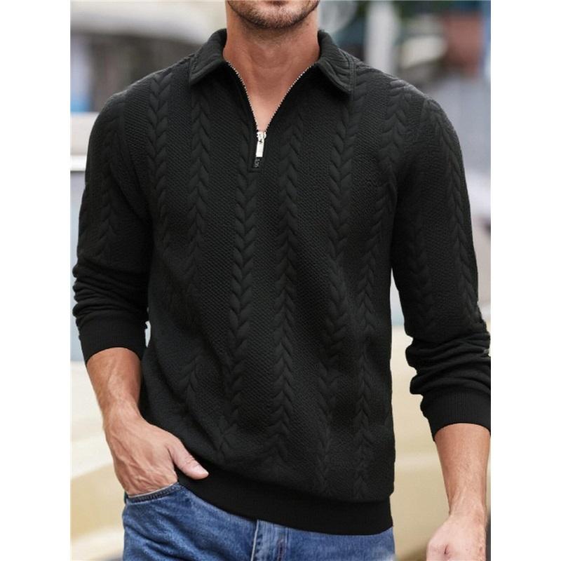 Men's Cable Knit Sweater Half Zip Polo Collar Casual Knitted Top