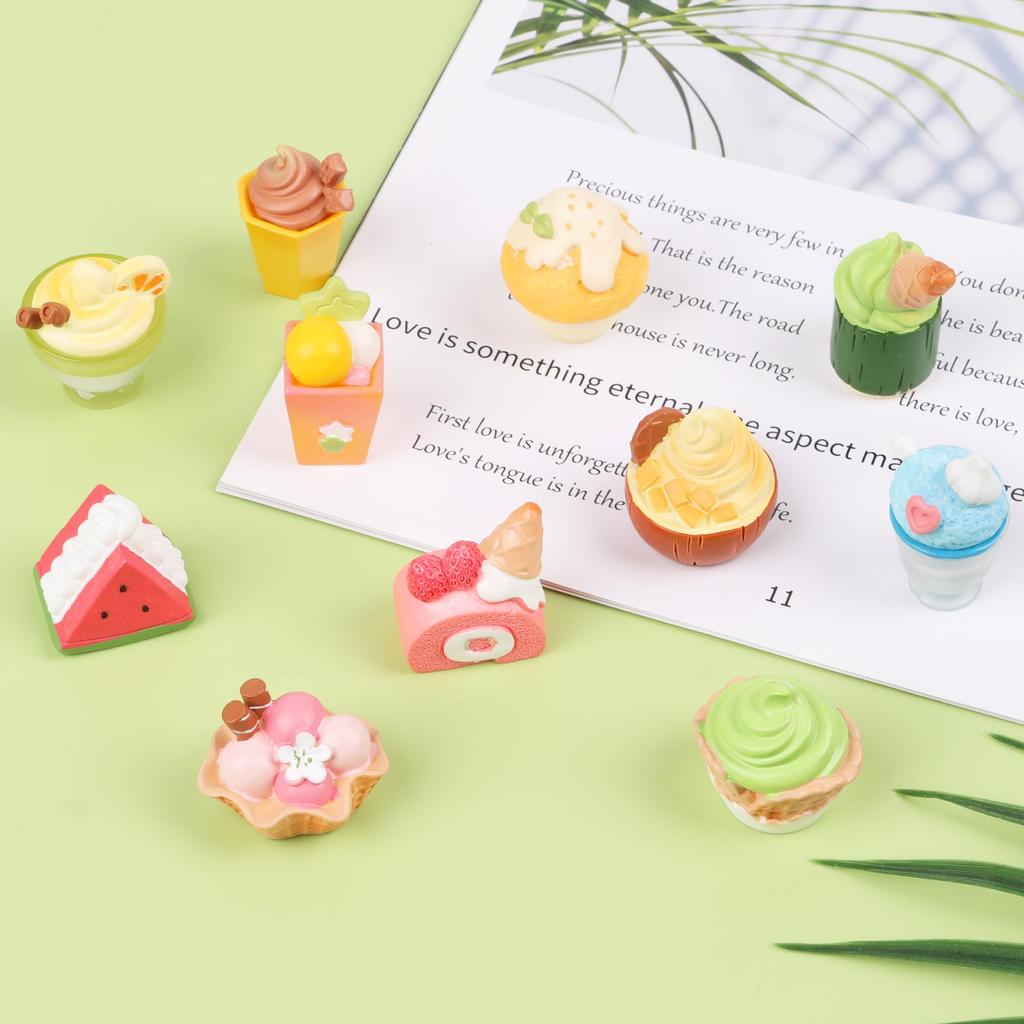 DERAYEE Mini Ice Cream Resin 12 Cute Miniature Ornaments with Adhesive Toy Garden Ornament Figurine Prop Decorations, Pieces, Tape, Gift,