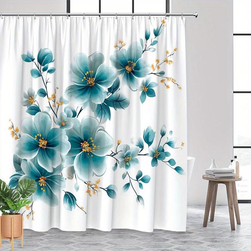 1pc Polyester shower curtain  Blue and teal watercolor floral pattern  With hooks  Machine washable  Stylish bathroom decor
