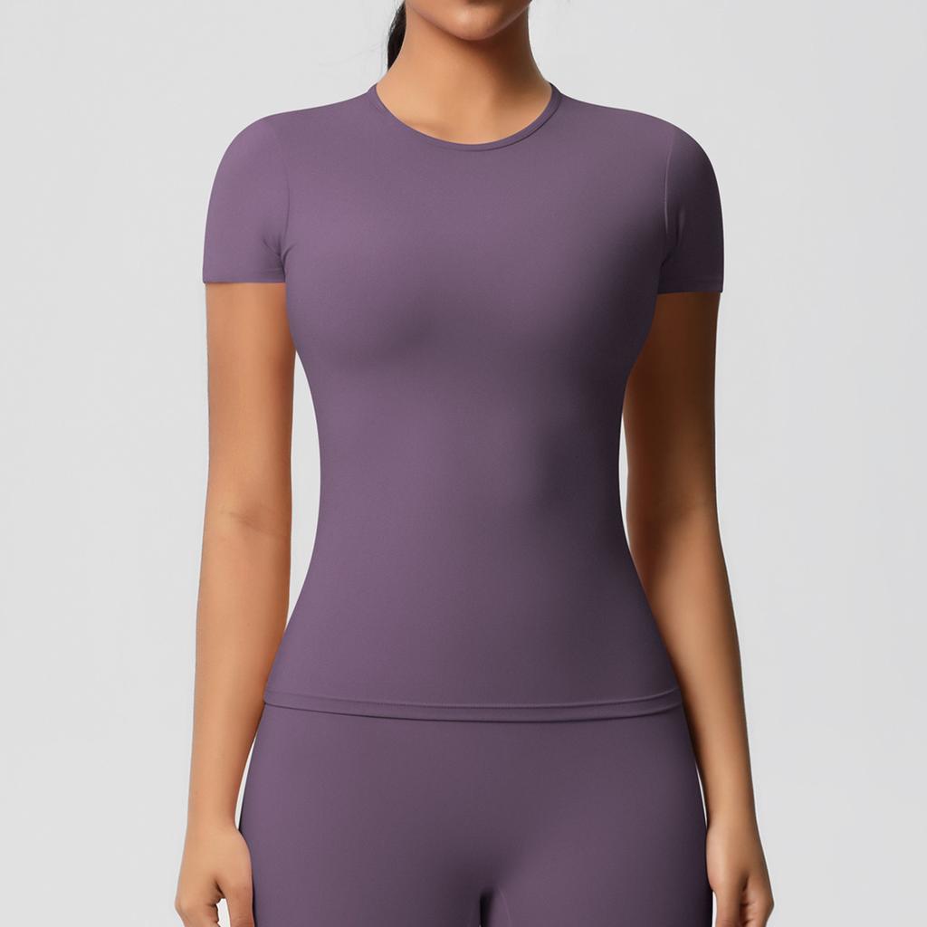 Solid color double-sided abraded tight sports short-sleeved T-shirt sports running fitness yoga clothes top women