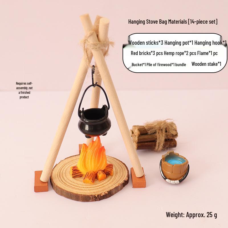 Miniature Outdoor Bonfire with Water Boiling Pot and Hanging Stove for Dollhouse Camping or Christmas Scene Decor