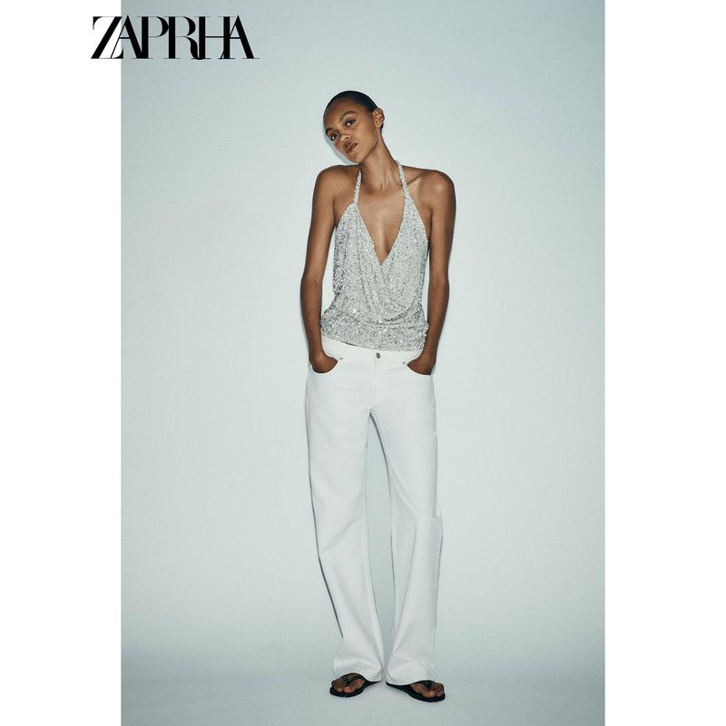 Zaprha 2025 Summer New All-Match Pleat Sequin Girly Style V-neck Sleeveless Sling Top 1014801