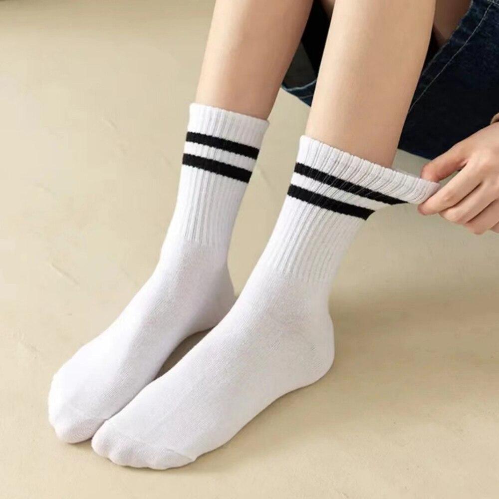 5 Pairs Women's Mid Length Socks Solid Color Parallel Stripe Simple Fashionable Sports Sweat-Absorbing High-Quality Girls' Socks