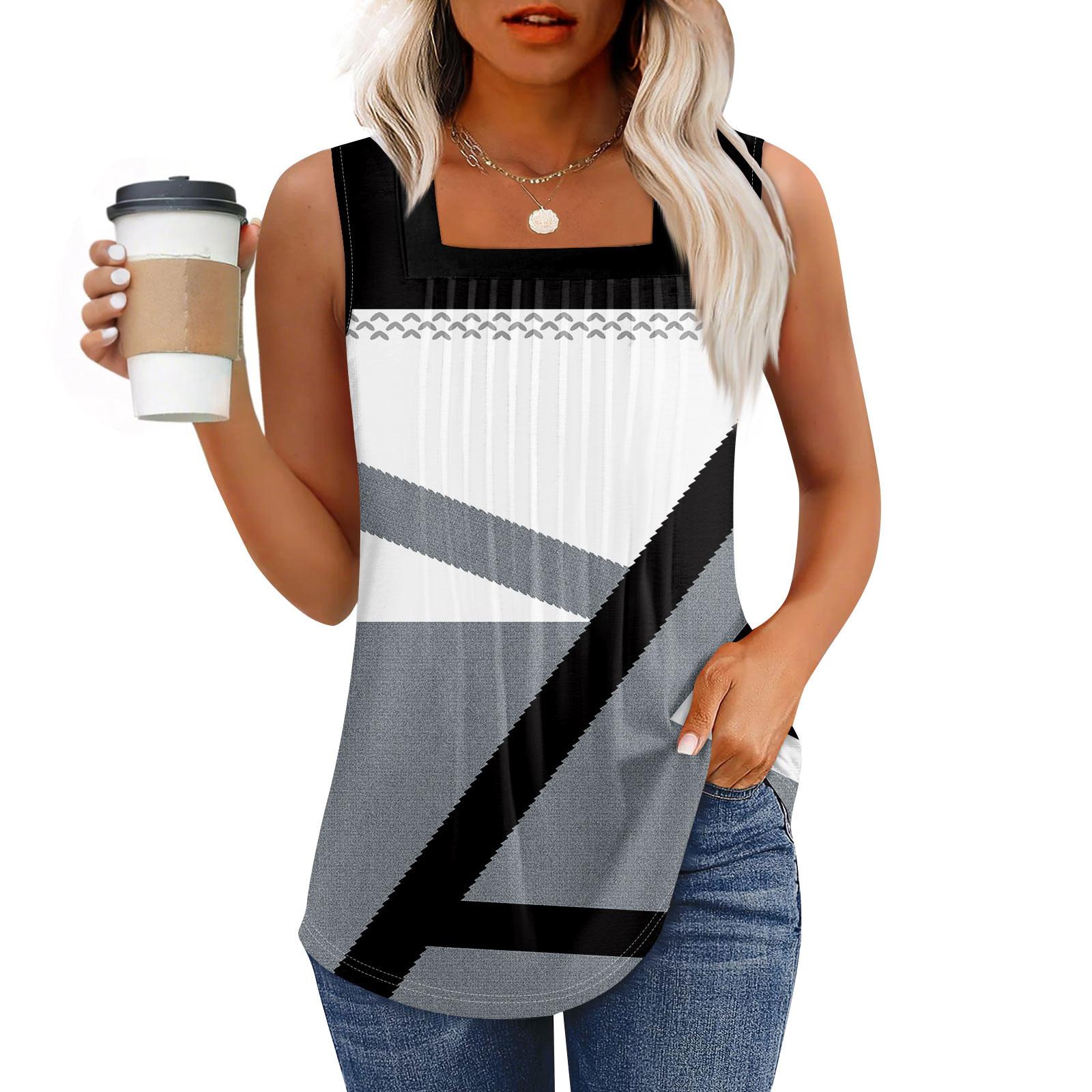 

Майка для женщин Летние наряды Без рукавов Блузки с принтом Повседневные свободные рубашки Плиссированные квадратные вырезы S белый