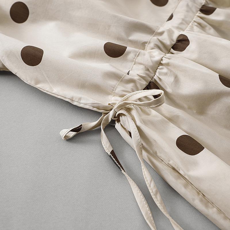 Retro Tupfen Baumwollleinen V-Ausschnitt Kleid für Damen