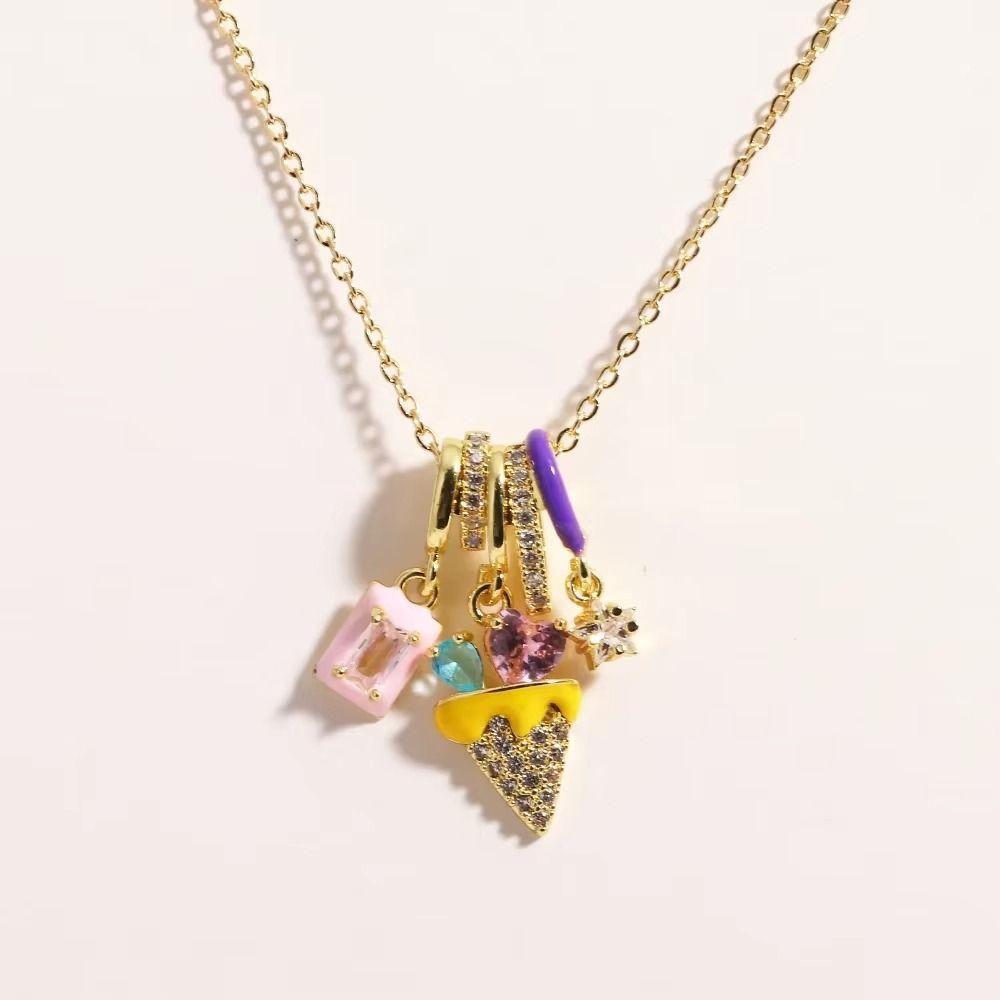 Colorful Ice Cream Necklace Simple Elegant Enamel Pendant Flower Zircon Necklace Valentine's Day