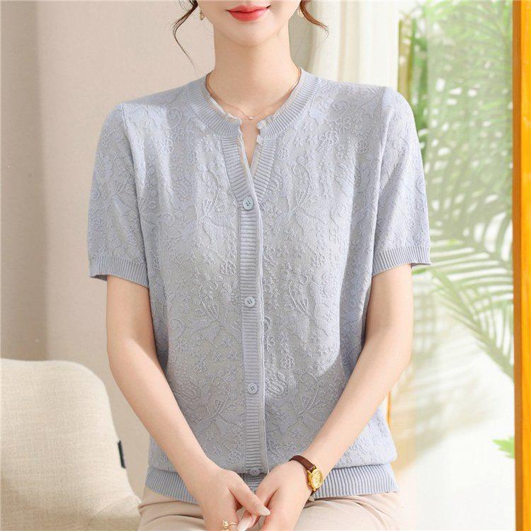 Stylish Ice Silk Short-Sleeved T-Shirt for Middle-Aged and Elderly Women