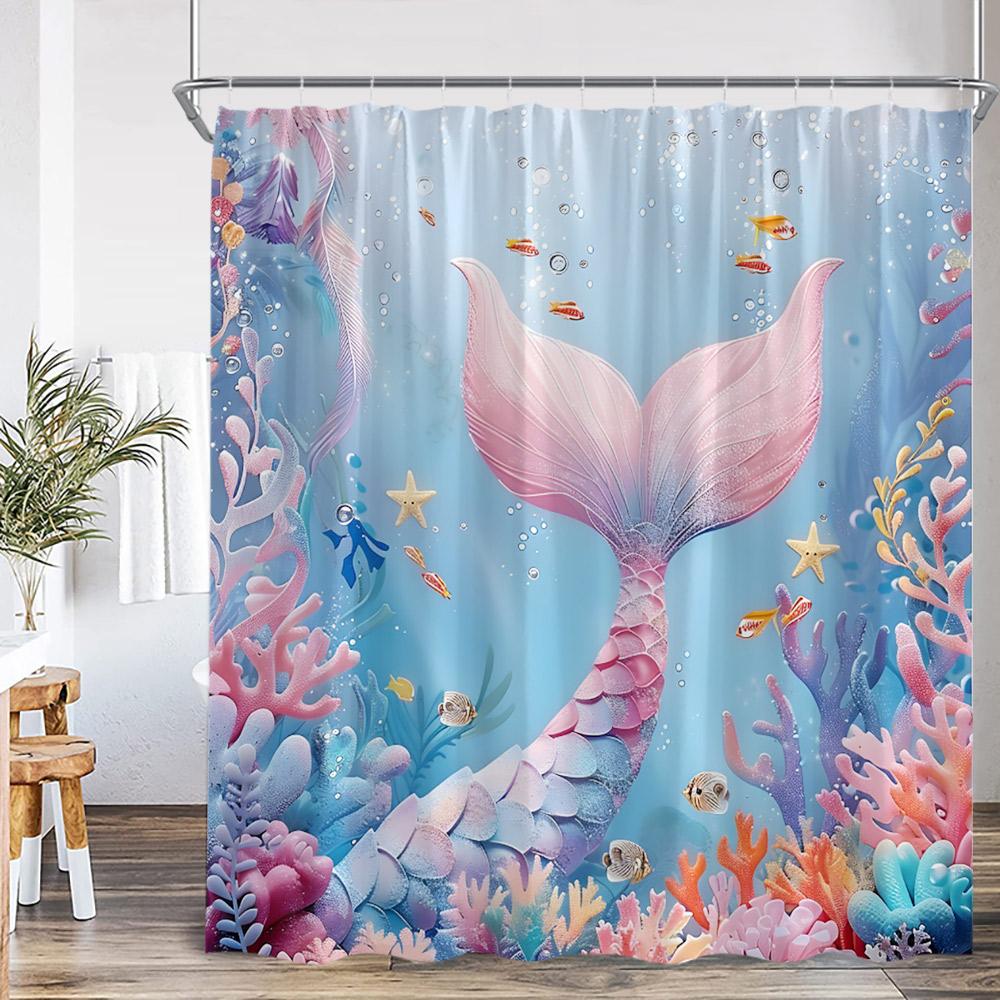 Pink Mermaid Shower Curtain Mermaid Tail Bathtub Curtain For Girls Kids Bathroom Under The Sea Ocean Theme Bath Decor With Hooks