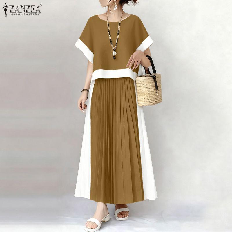ZANZEA Women Short Sleeve Blouse and Long Skirts Casual Two Piece Suit Sets