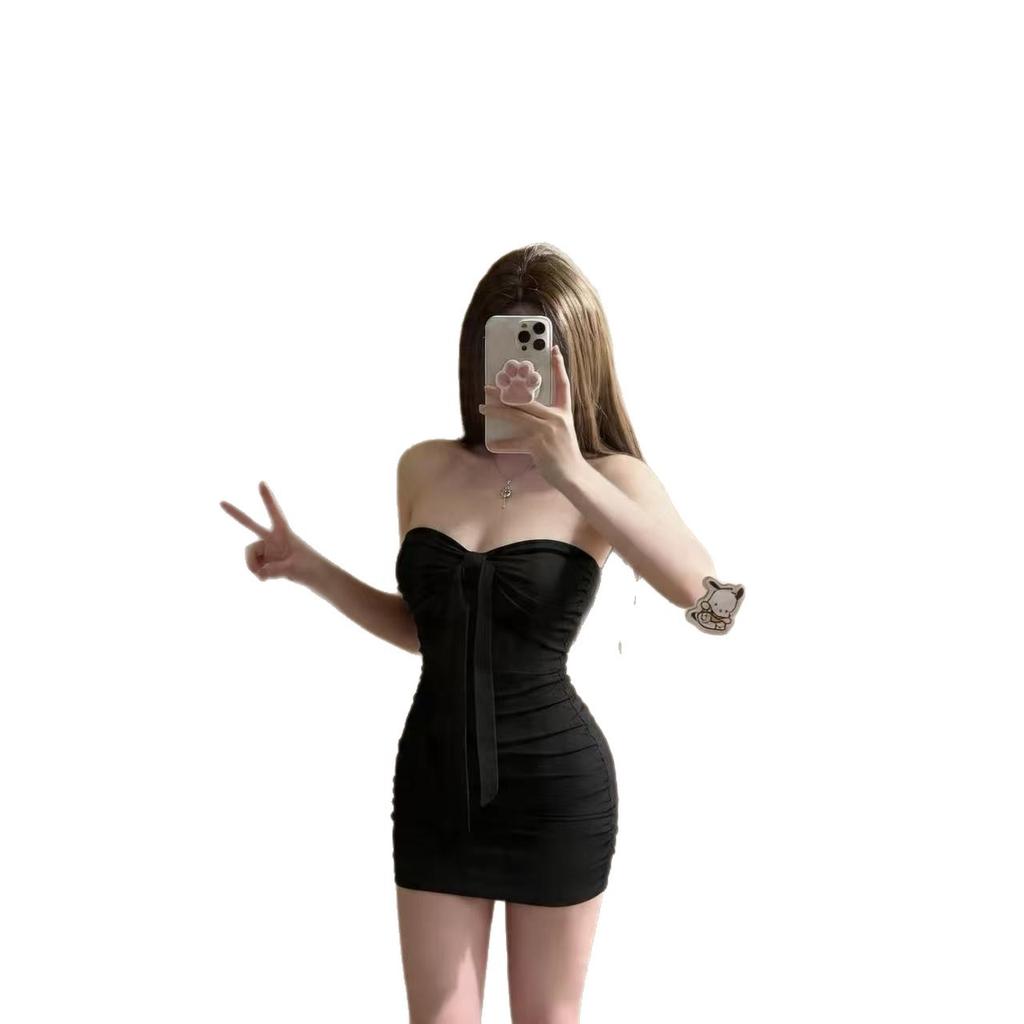 Sleeveless tube top hottie dress lace-up bow summer waist small man pleated sexy slim short skirt woman