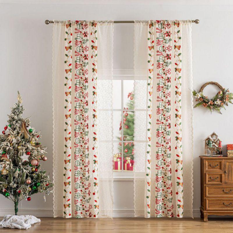 2pcs Christmas Embroidery Curtains Translucent Lace Curtains Rod Through Curtain