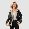 Women's Fleece Leather Jacket Thick Warm Flocked Leather Coat Turn-Down Collar PU Leather Jacket