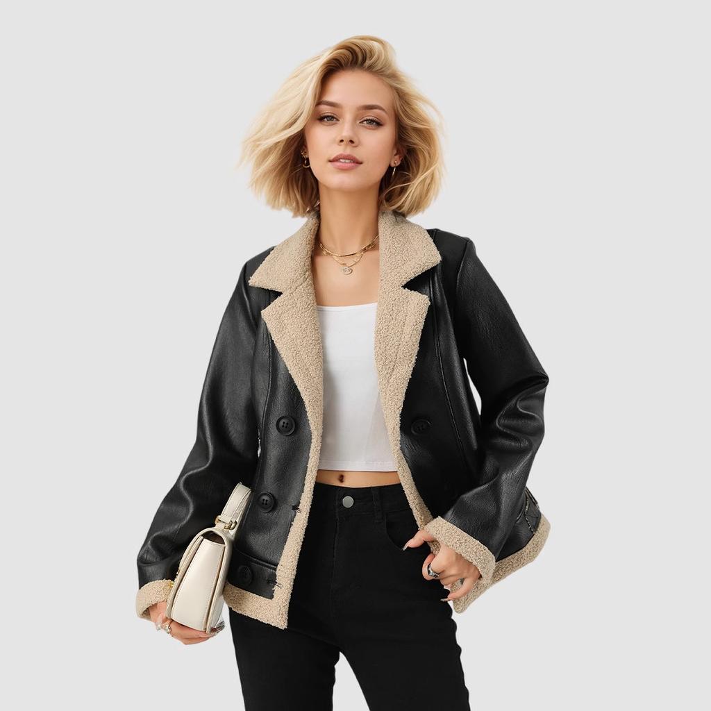 Women's Fleece Leather Jacket Thick Warm Flocked Leather Coat Turn-Down Collar PU Leather Jacket