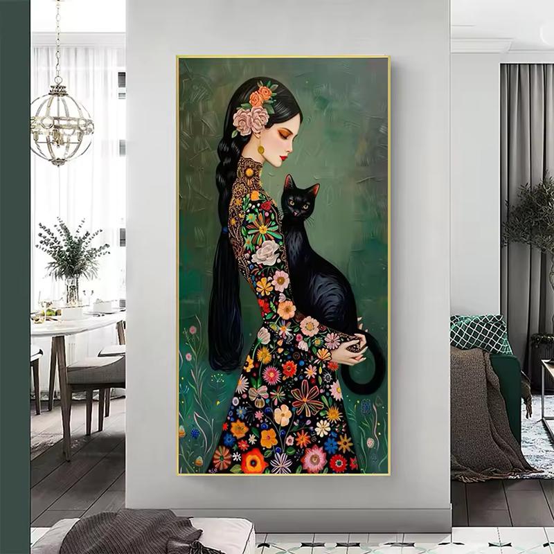 Creativity Beauty Women and Black Cat Canvas Paintings Wall Art Posters and Prints for Living Room Abstract Home Decor Mural