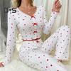Women Lace Trim Pajama Set Long Sleeve V-Neck Front Button Tops Full-Length Pants Sleepwear Nightwear